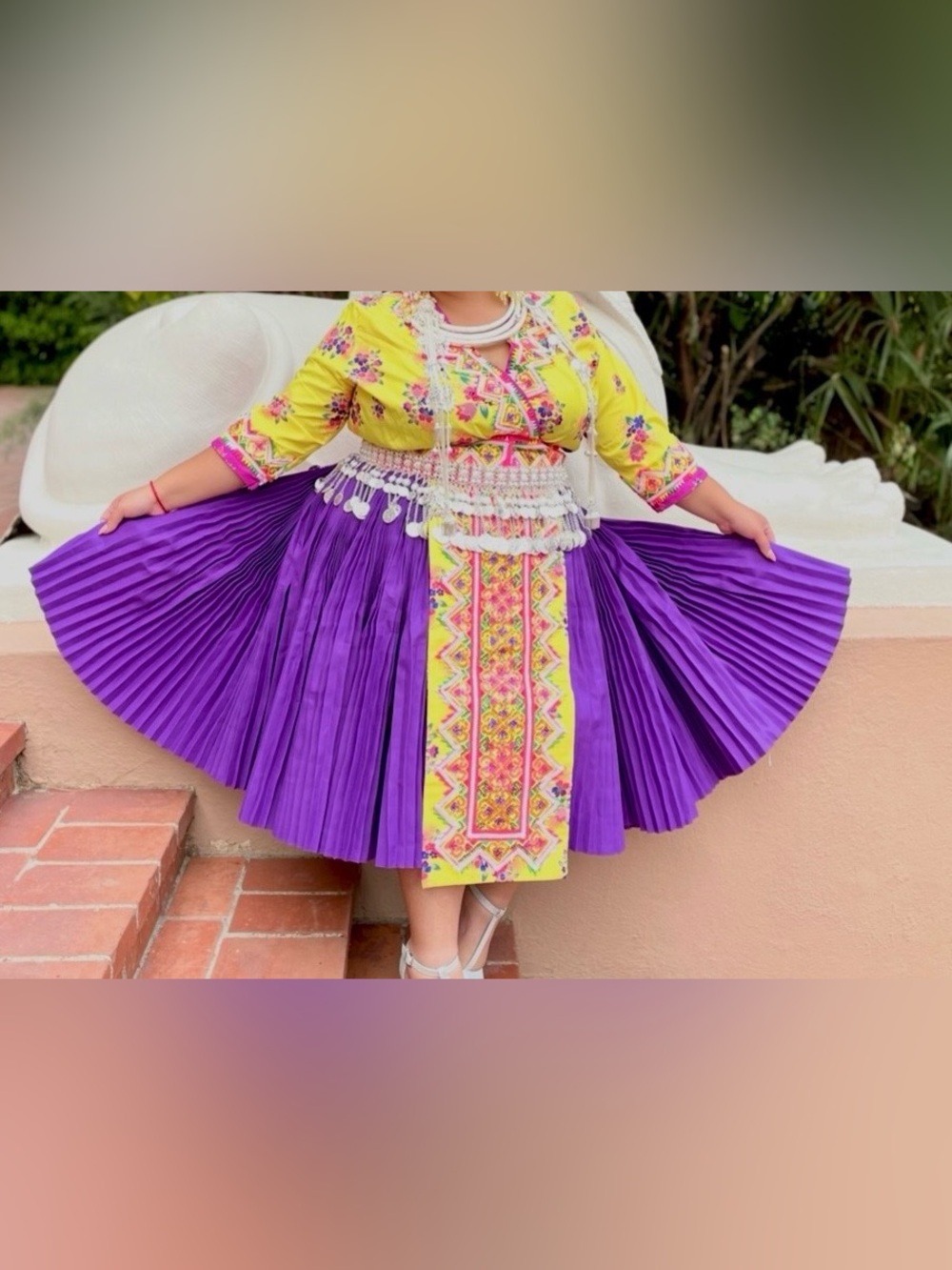 Hmong purple pleated wrap midi skirt 49x28 1/2